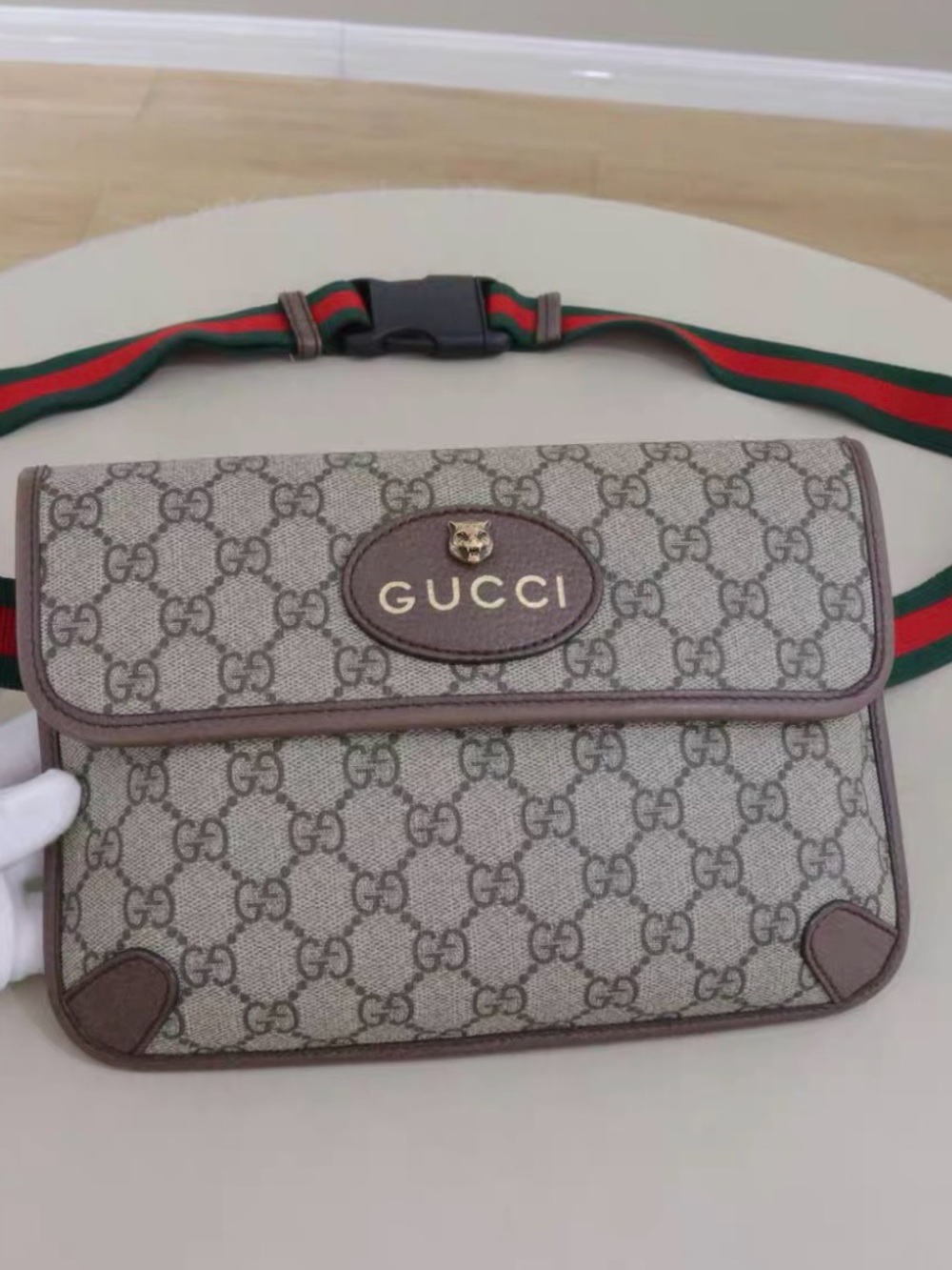 Gucci Beige GG Supreme Canvas Belt Bag with Green-Red Web Strap